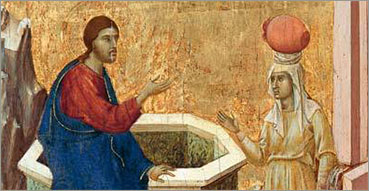 Preghiere per la pace: Pio XII, Giovanni XXIII, Giovanni Paolo II, Benedetto XVI. Nell'immagine: Duccio di Buoninsegna, Cristo e la Samaritana al pozzo