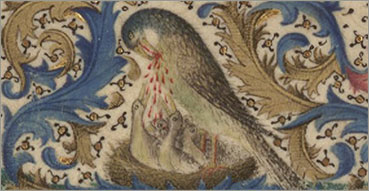 Adoro Te devote, Adoro Te devotamente. Nell'immagine: Pellicano nutre la prole, codice Horae ad usum Pictaviensem, 1455-1460, Francia, Bibliothèque nationale