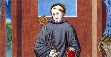Preghiera a santa Scolastica, per l'ordine monastico benedettino e l'Europa. Nell'immagine: San Benedetto, particolare di Responsorium Graduale miniato, terzo quarto del XV secolo, Londra, British Library